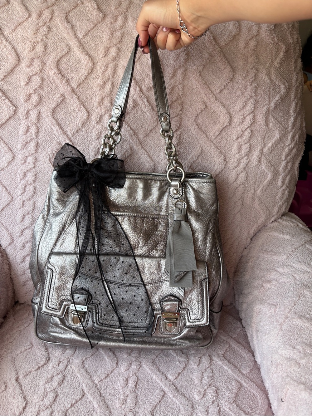 Coach Metallic Silver Tote Bag with Decorative Bow